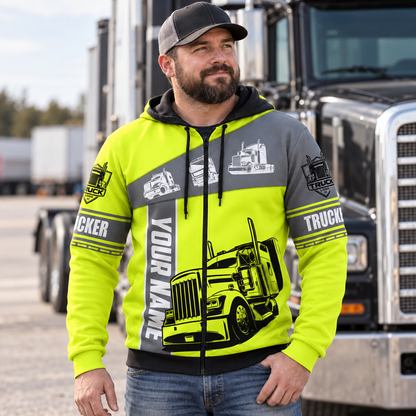 Personalized trucker hoodie featuring yellow grey semi truck panel all-over print, worn by a model