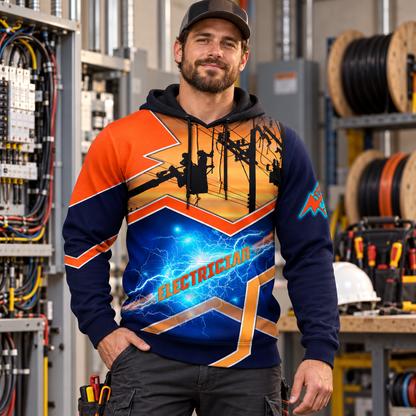 Personalized electrician hoodie featuring orange blue powerline all-over print, worn by a model
