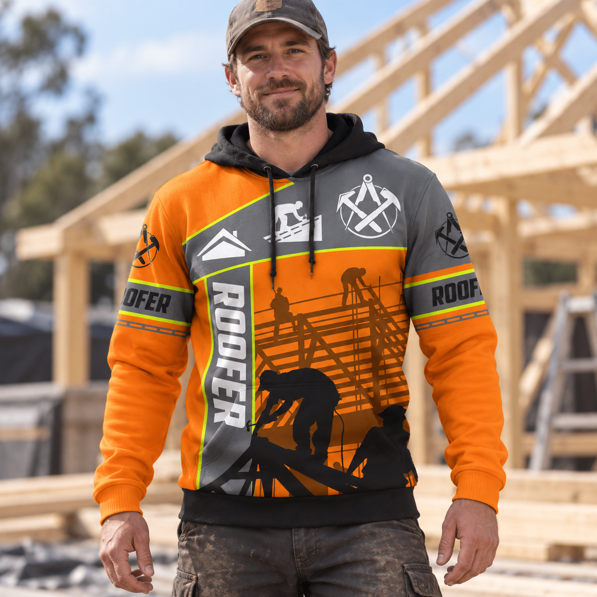 Roofer hoodie featuring orange grey roof frame all-over print, worn by a model