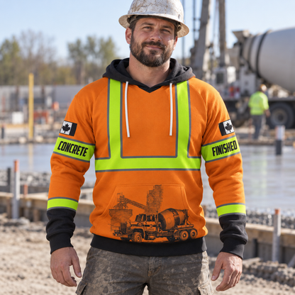 Concrete finisher hoodie featuring orange vest print and nine to five quote all-over print, worn by a model