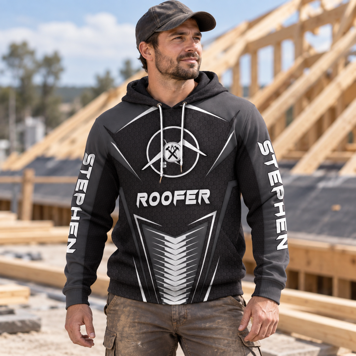 Roofer hoodie featuring black grey chevron tool badge all-over print, worn by a model