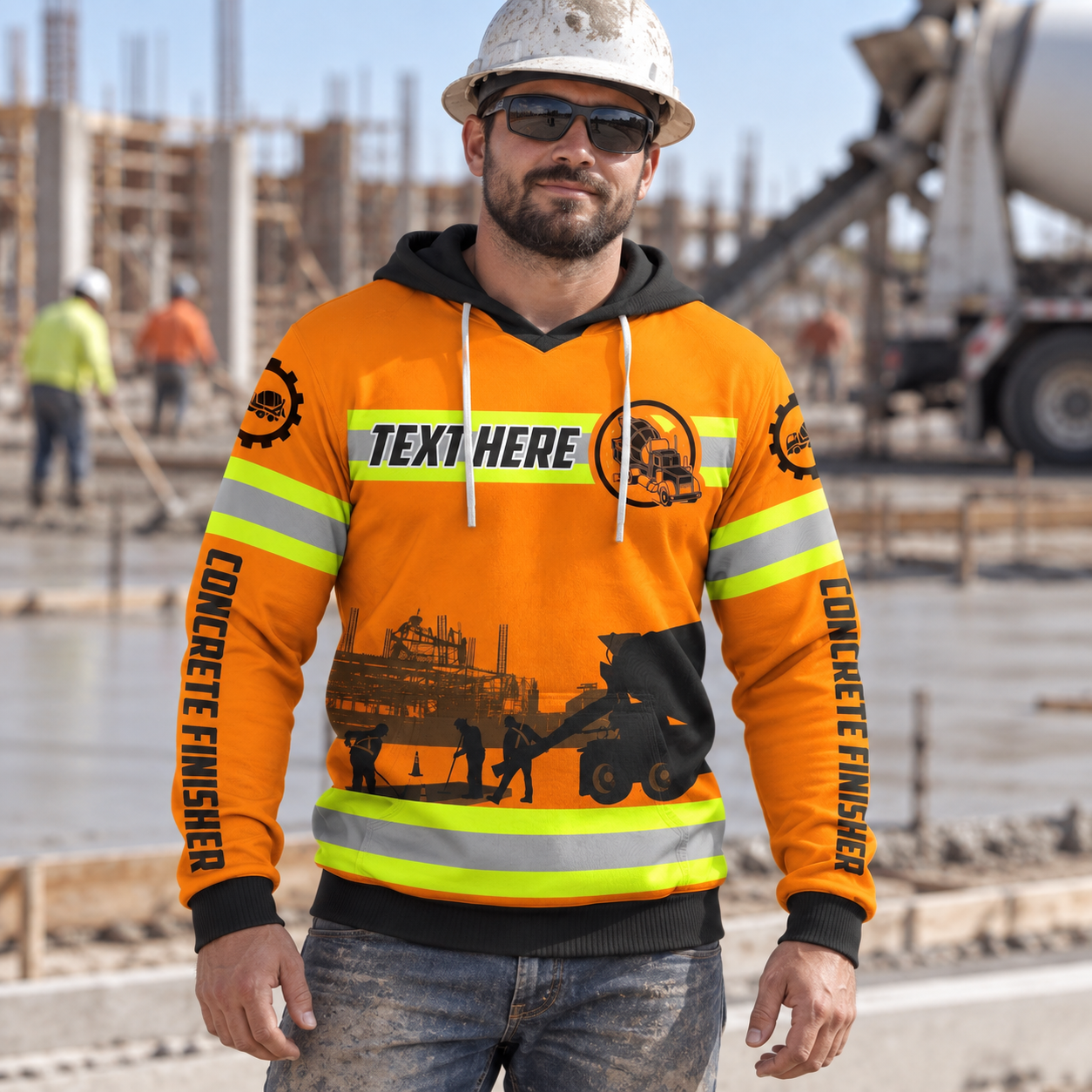 Concrete finisher hoodie featuring orange concrete work crew stripe print all-over print, worn by a model