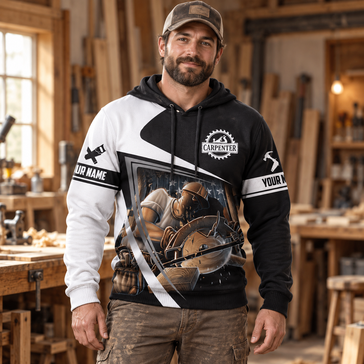 Personalized carpenter hoodie featuring black white panel circular saw all-over print, worn by a model