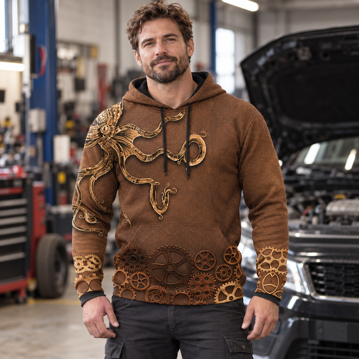 Personalized mechanic hoodie featuring brown steampunk gears all-over print, worn by a model