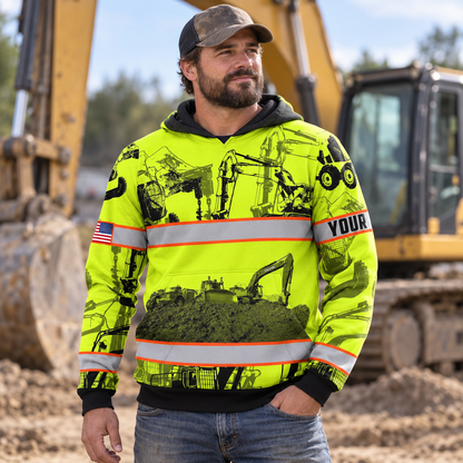 Personalized excavator operator hoodie featuring yellow excavator pattern orange stripes all-over print, worn by a model