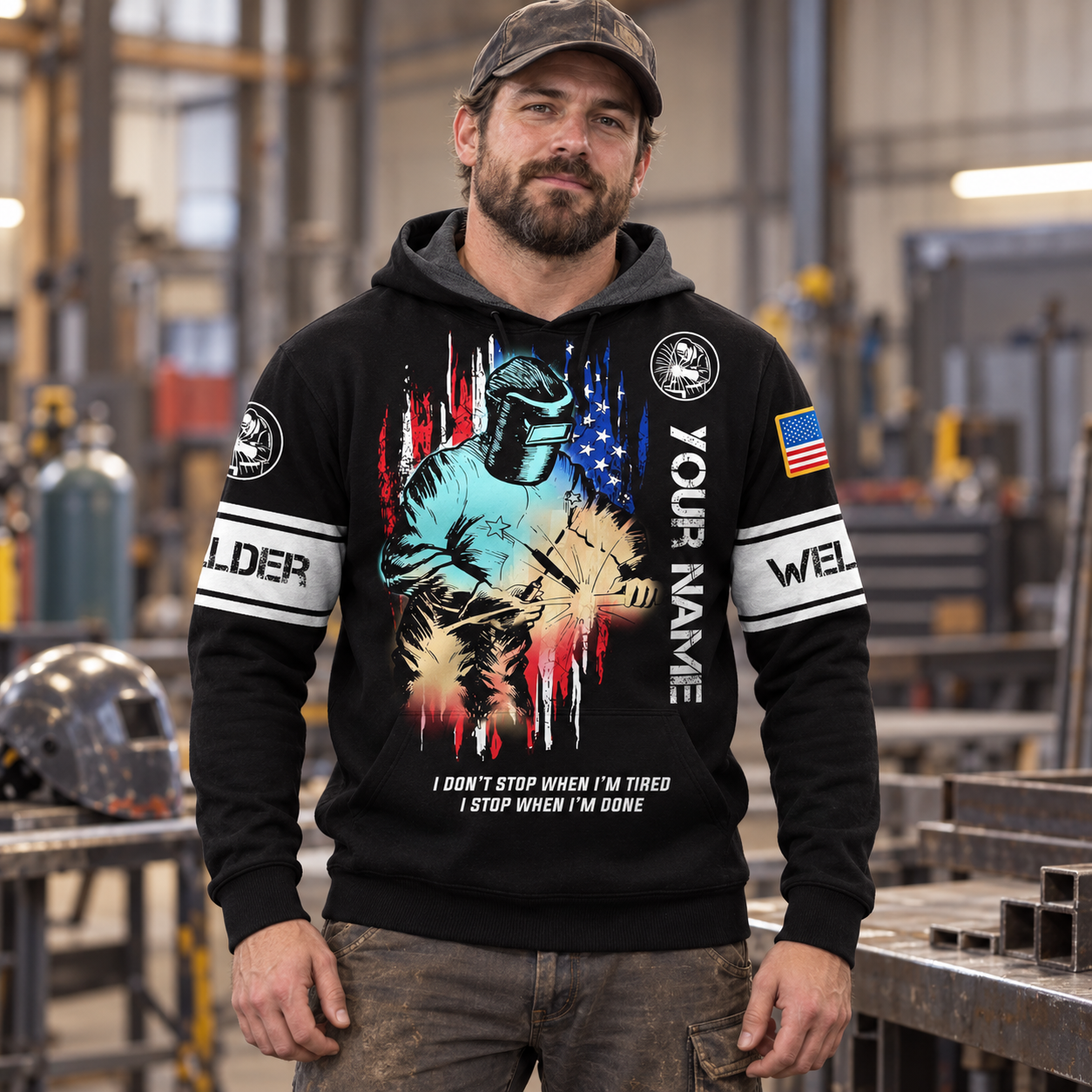 Personalized welder hoodie featuring black welding sparks american flag all-over print, worn by a model