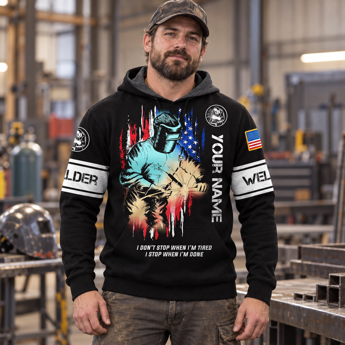 Personalized welder hoodie featuring black welding sparks american flag all-over print, worn by a model