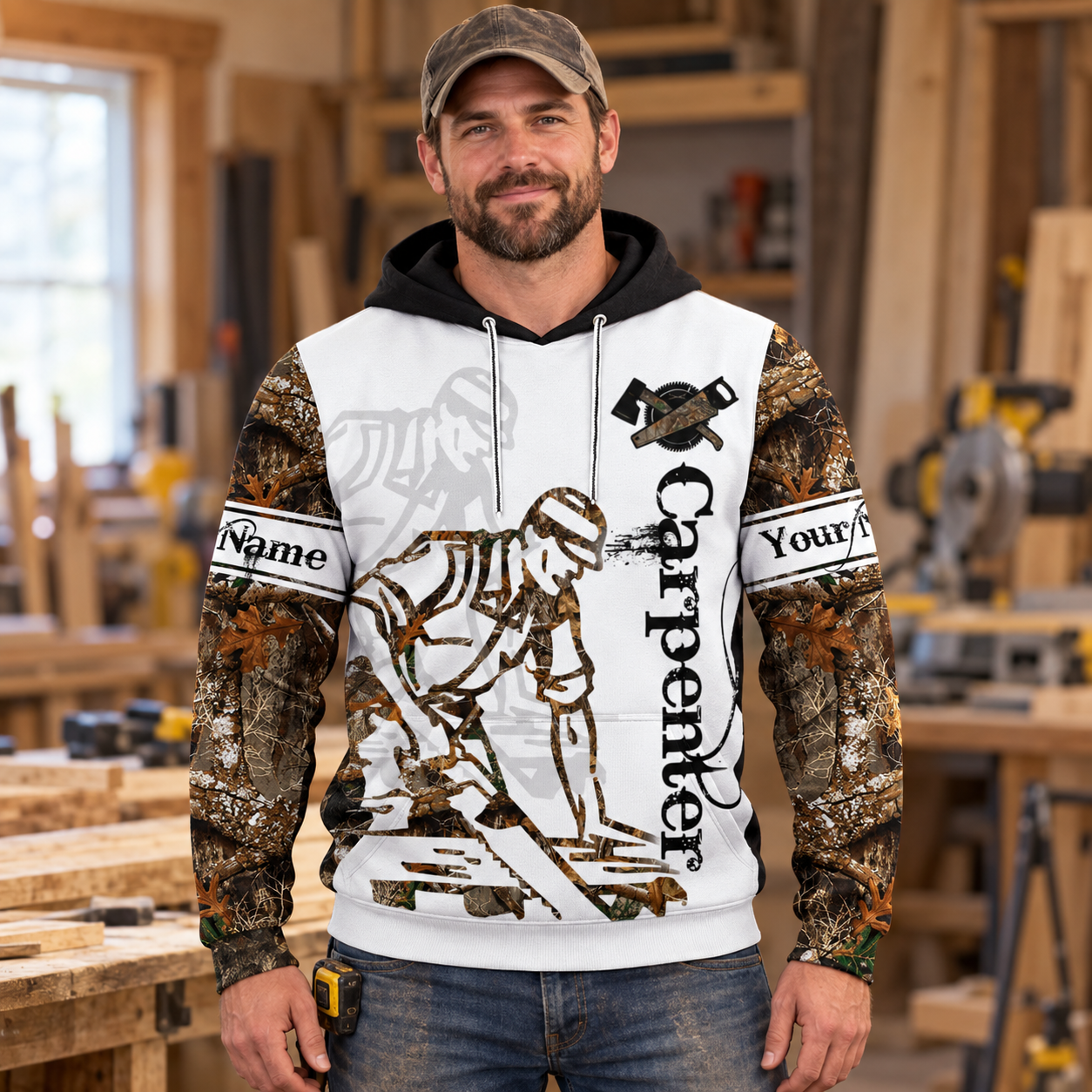 Personalized carpenter hoodie featuring white camouflage woodworker all-over print, worn by a model