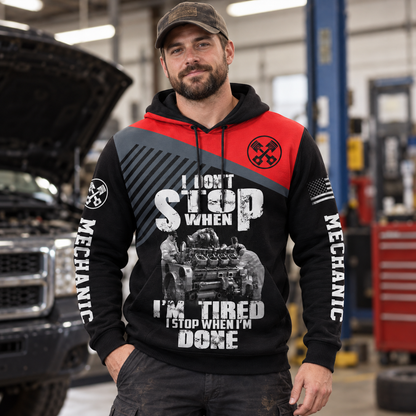 Personalized mechanic hoodie featuring red black mechanic work quote all-over print, worn by a model