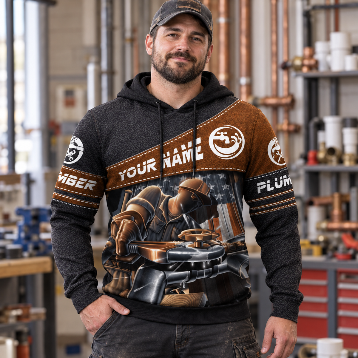 Personalized plumber hoodie featuring brown diagonal panel plumber at work all-over print, worn by a model