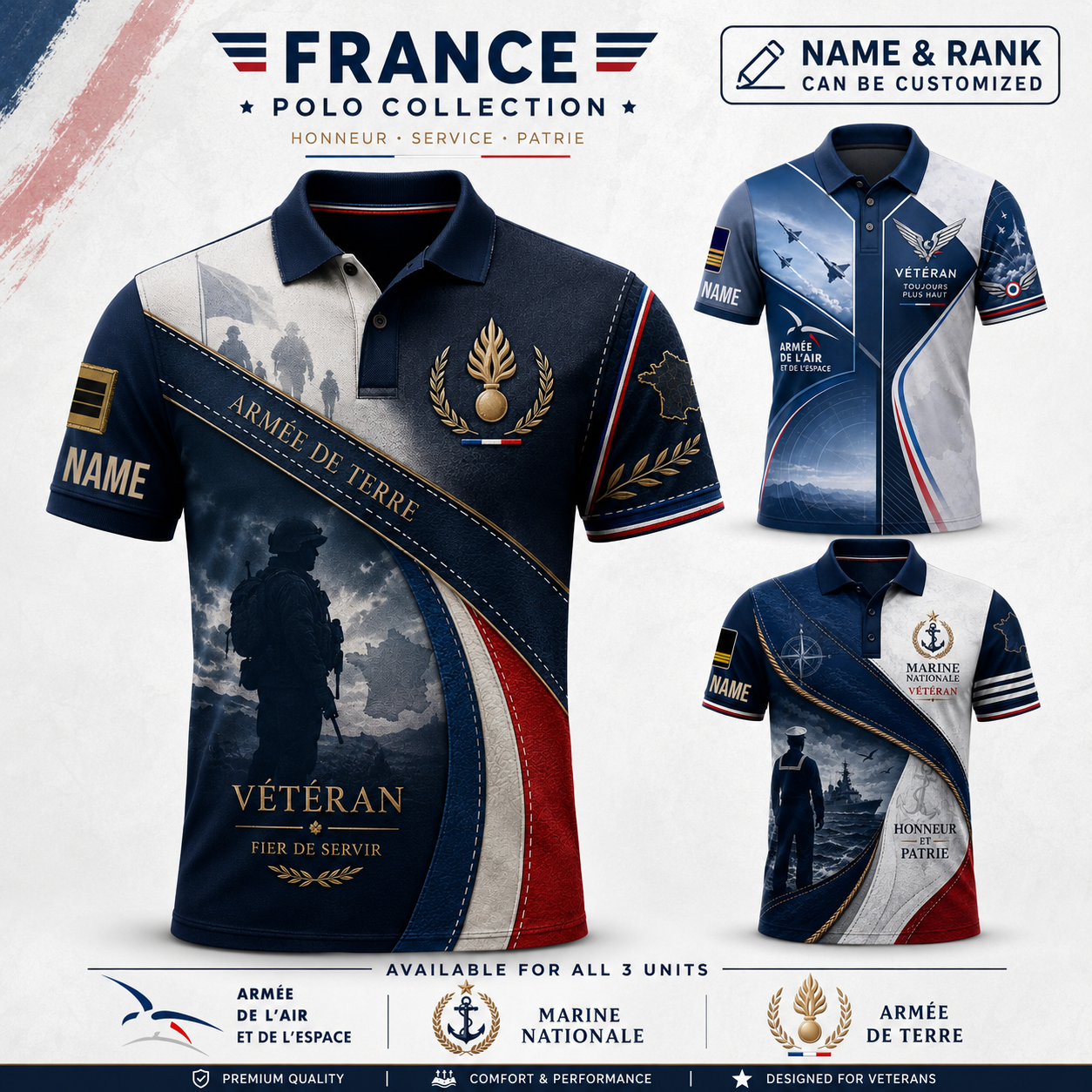 Personalized France Soldier/Veteran with Name and Rank Polo All Over Printed - QK1779753621