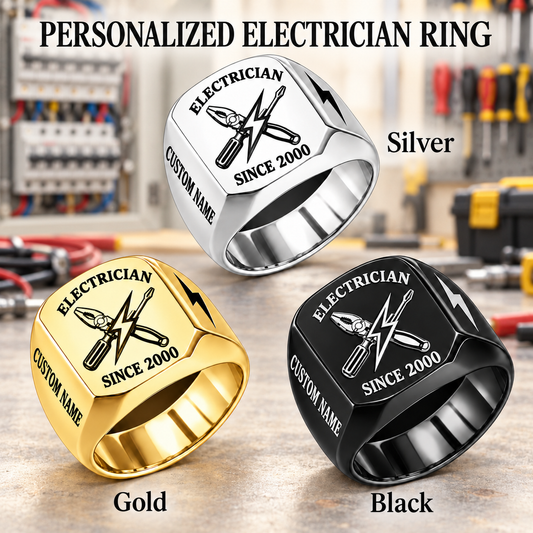 Electrician Classic Emblem personalized ring advertisement showing Silver, Gold and Black rings with CUSTOM NAME and SINCE 2000 on a electrician-themed background