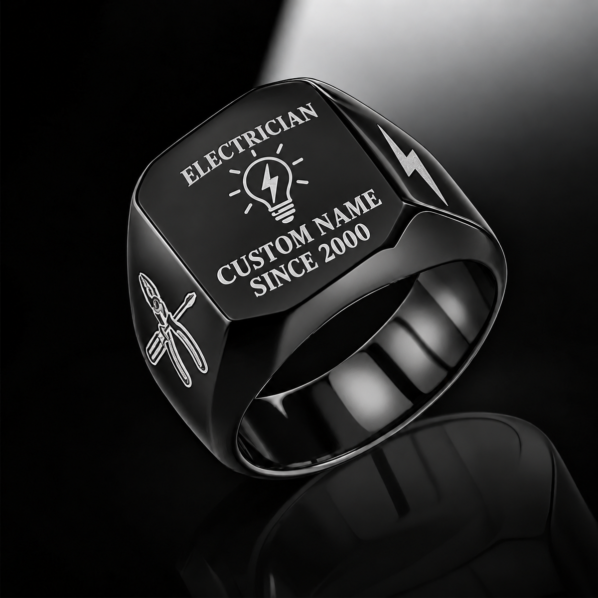Electrician Signature Crest ring in Black, showing CUSTOM NAME and SINCE 2000