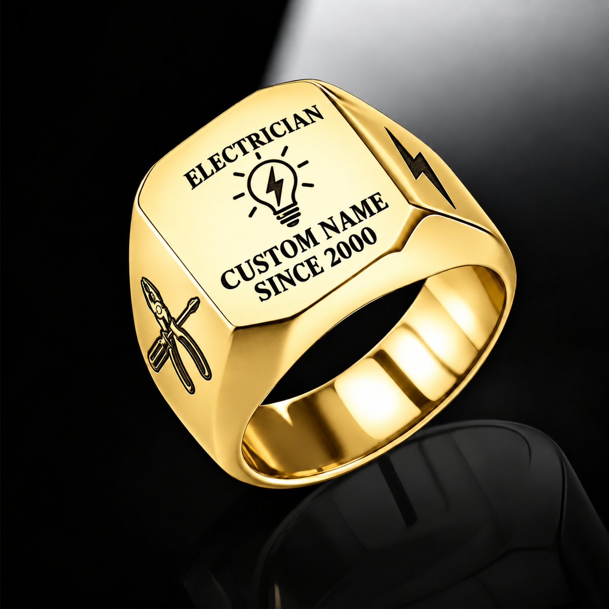 Electrician Signature Crest ring in Gold, showing CUSTOM NAME and SINCE 2000