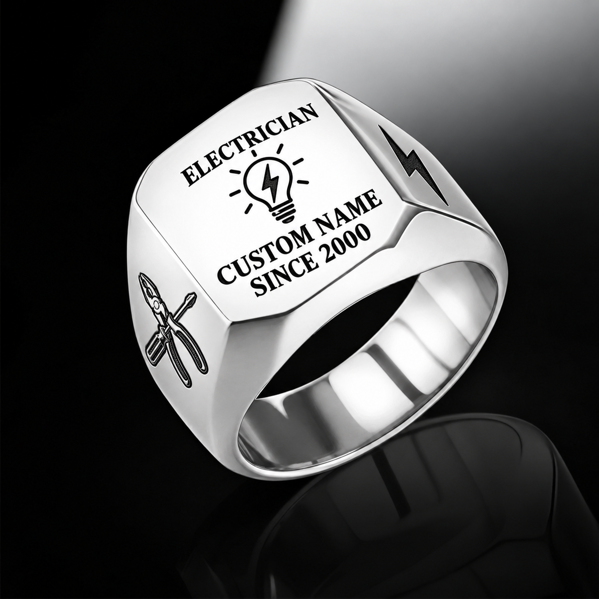 Electrician Signature Crest ring in Silver, showing CUSTOM NAME and SINCE 2000