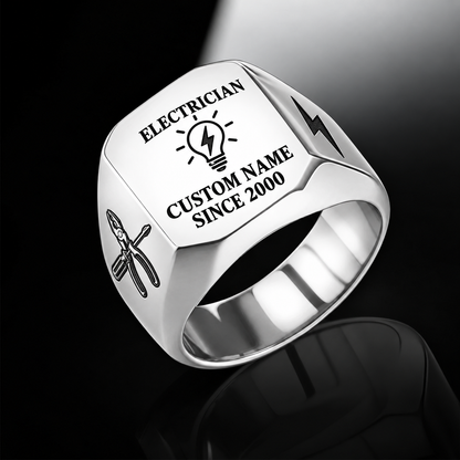 Electrician Signature Crest ring in Silver, showing CUSTOM NAME and SINCE 2000