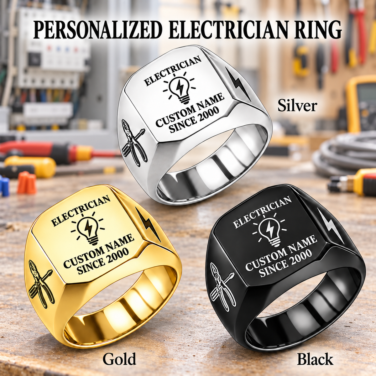 Electrician Signature Crest personalized ring advertisement showing Silver, Gold and Black rings with CUSTOM NAME and SINCE 2000 on a electrician-themed background