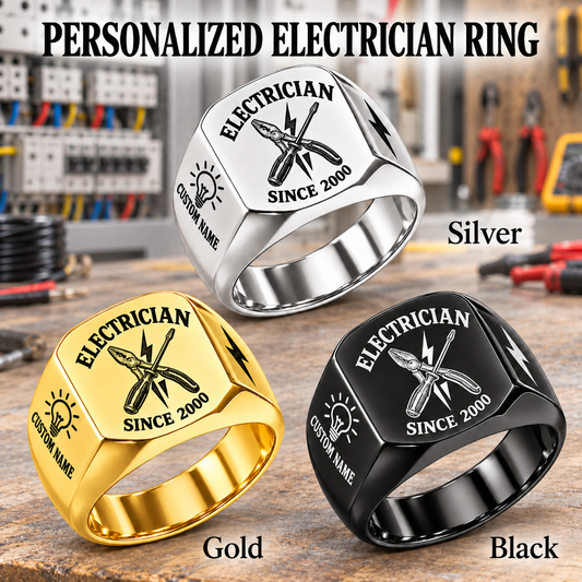 Electrician Heritage Emblem personalized ring advertisement showing Silver, Gold and Black rings with CUSTOM NAME and SINCE 2000 on a electrician-themed background