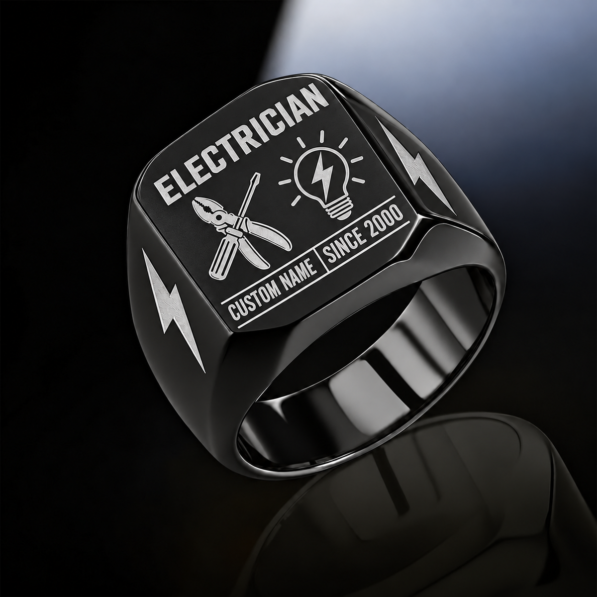 Electrician Twin Icons ring in Black, showing CUSTOM NAME and SINCE 2000