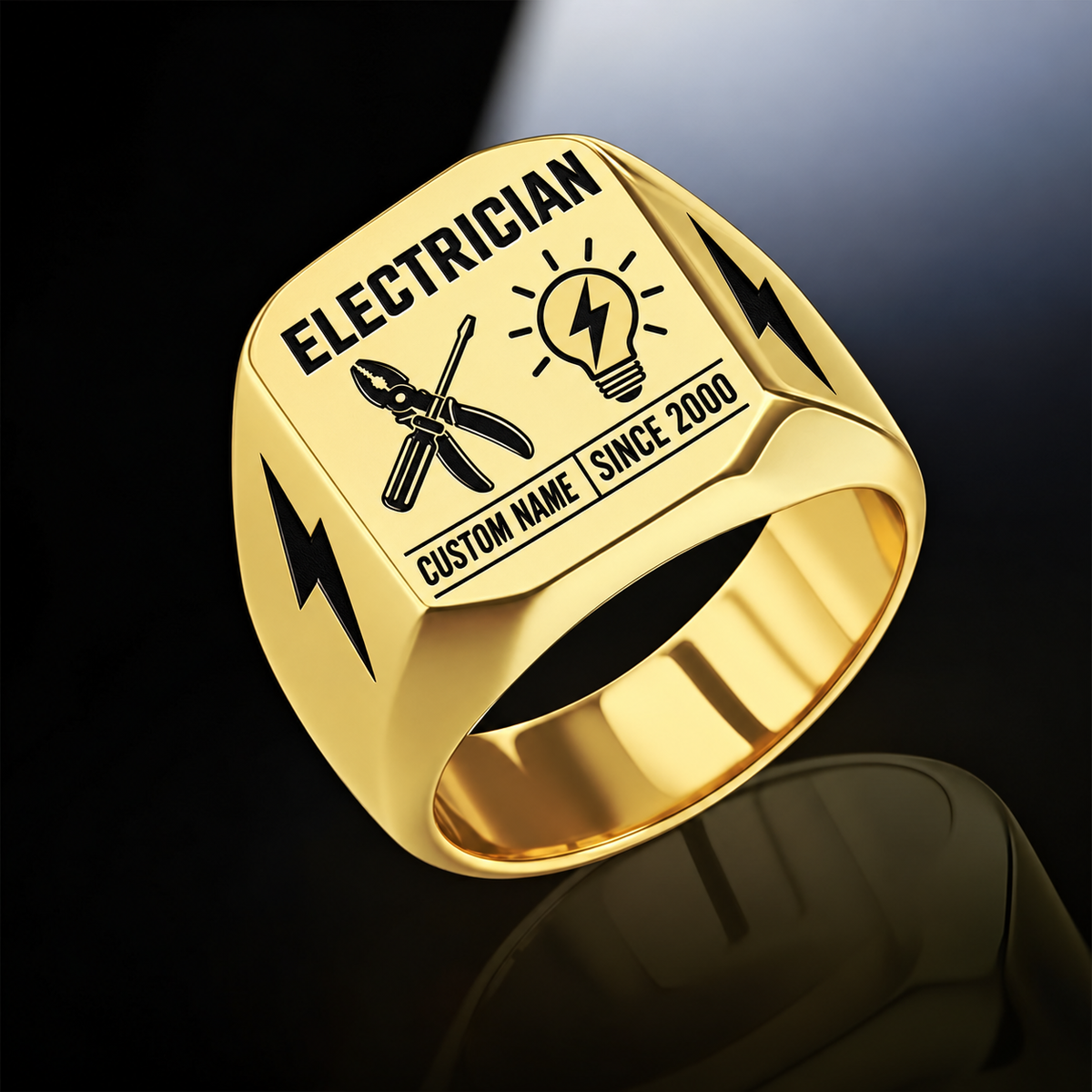 Electrician Twin Icons ring in Gold, showing CUSTOM NAME and SINCE 2000