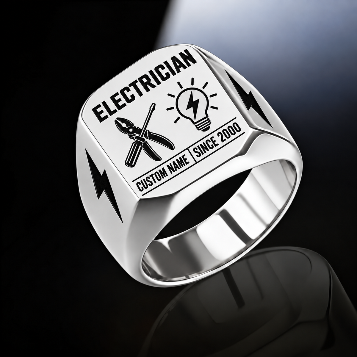 Electrician Twin Icons ring in Silver, showing CUSTOM NAME and SINCE 2000