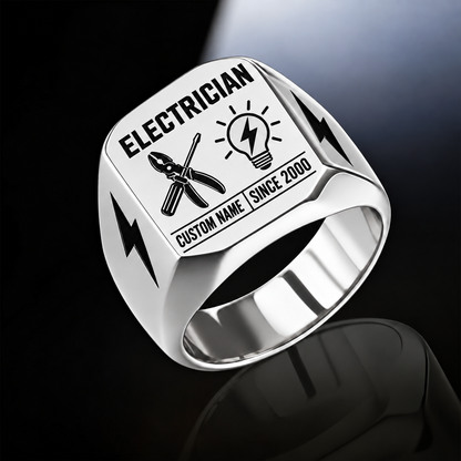 Electrician Twin Icons ring in Silver, showing CUSTOM NAME and SINCE 2000