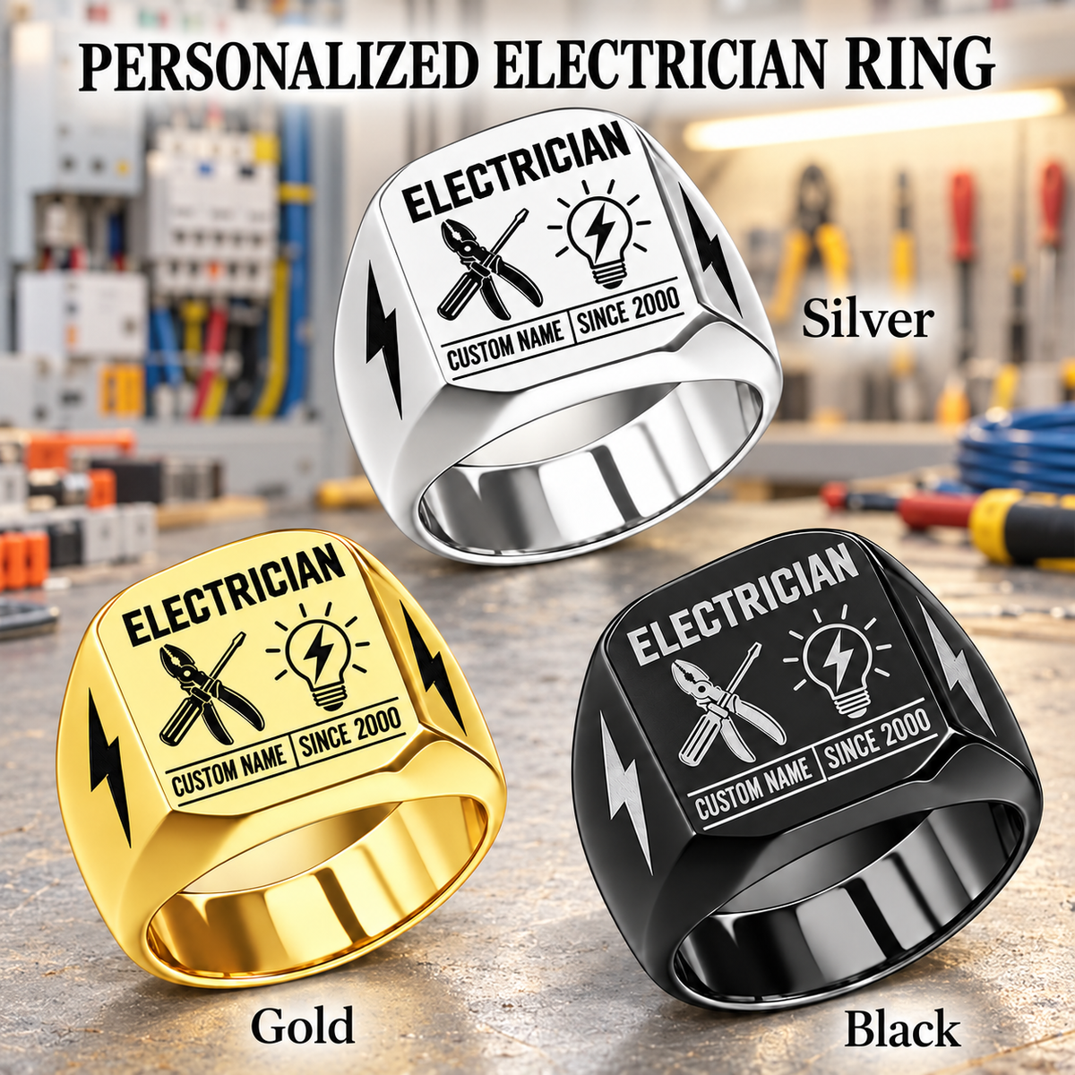 Electrician Twin Icons personalized ring advertisement showing Silver, Gold and Black rings with CUSTOM NAME and SINCE 2000 on a electrician-themed background