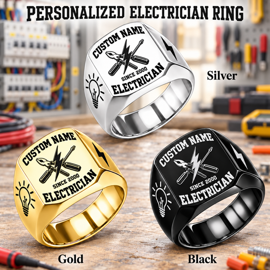 Electrician Bold Lettering personalized ring advertisement showing Silver, Gold and Black rings with CUSTOM NAME and SINCE 2000 on a electrician-themed background