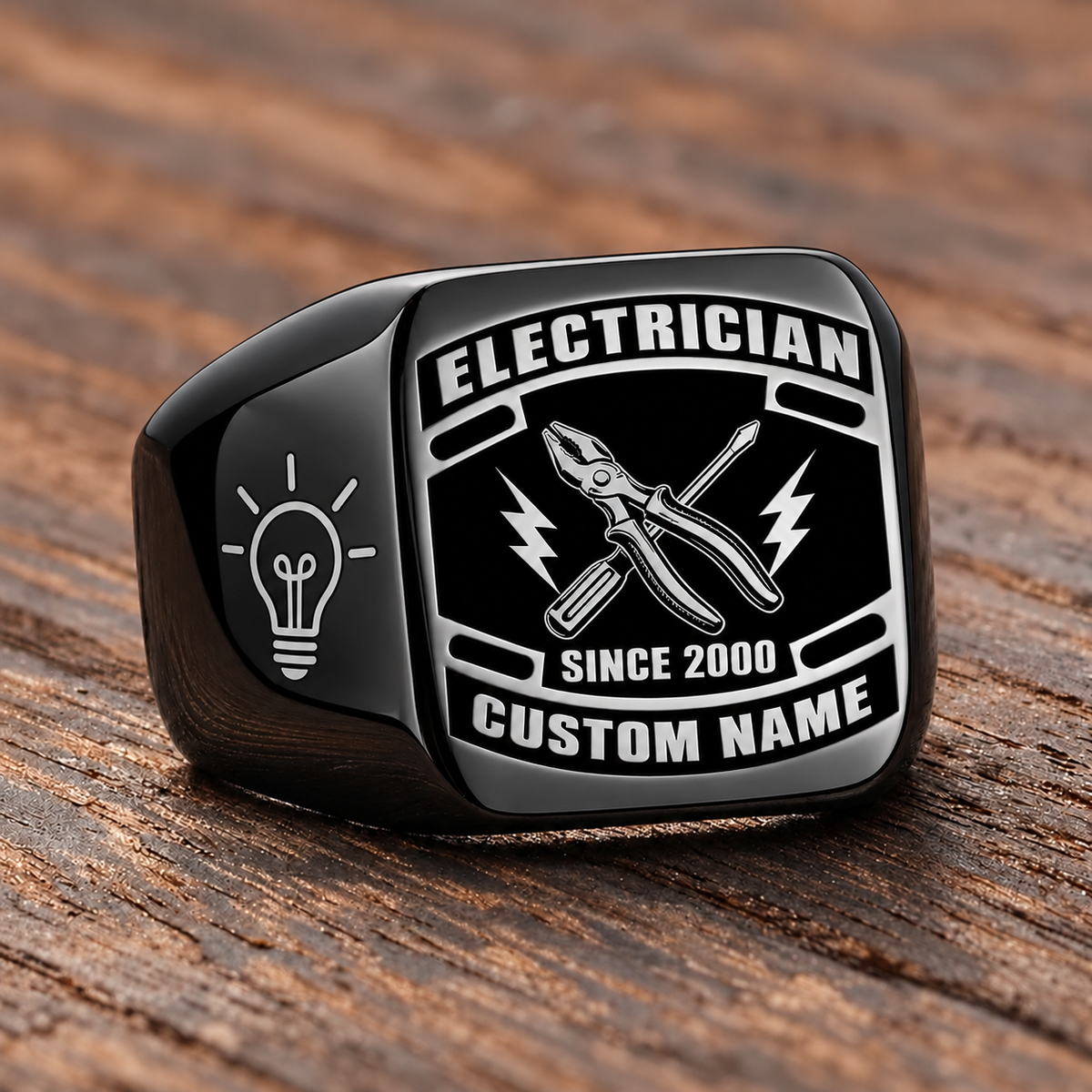 Electrician Black Face Badge ring in Black, showing CUSTOM NAME and SINCE 2000