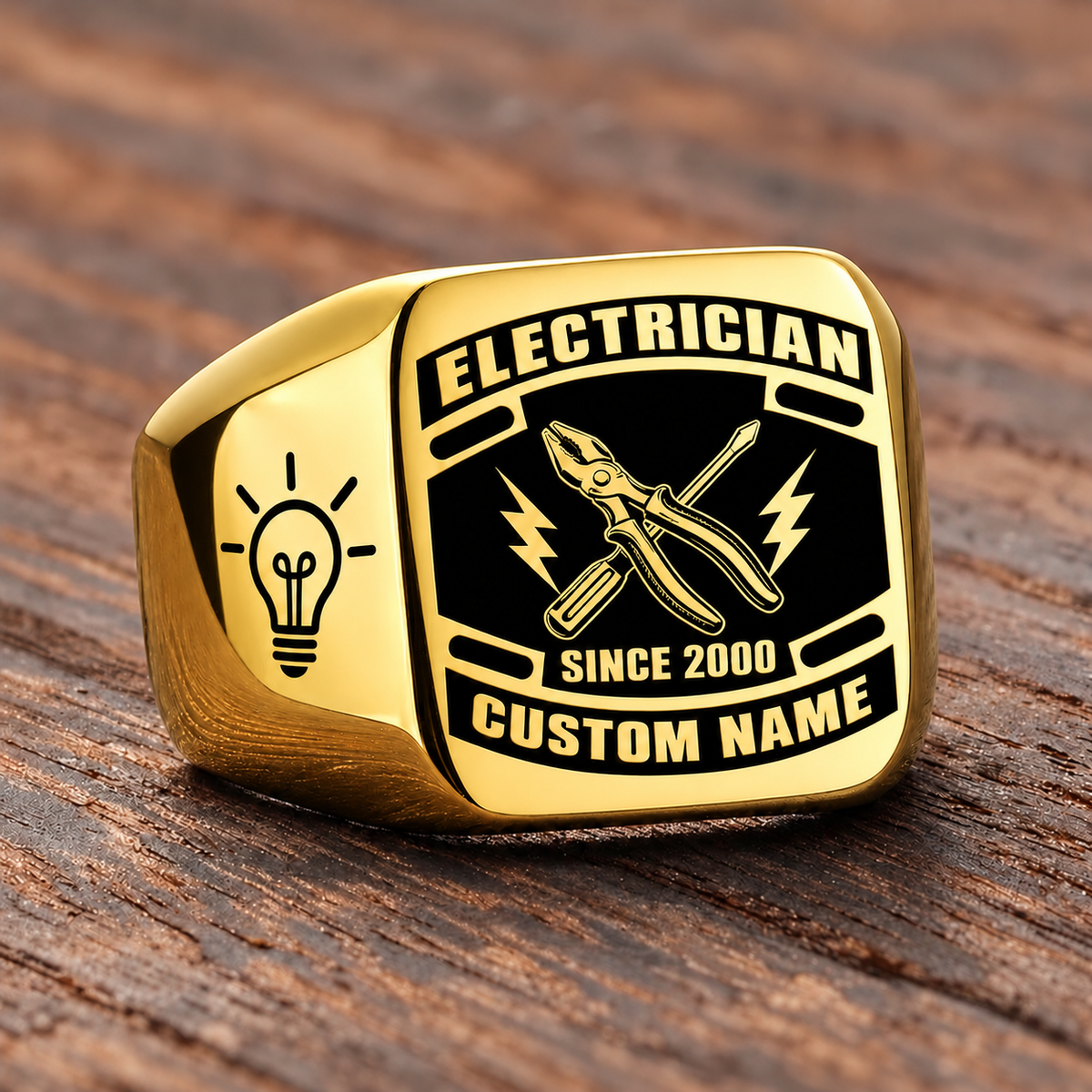 Electrician Black Face Badge ring in Gold, showing CUSTOM NAME and SINCE 2000