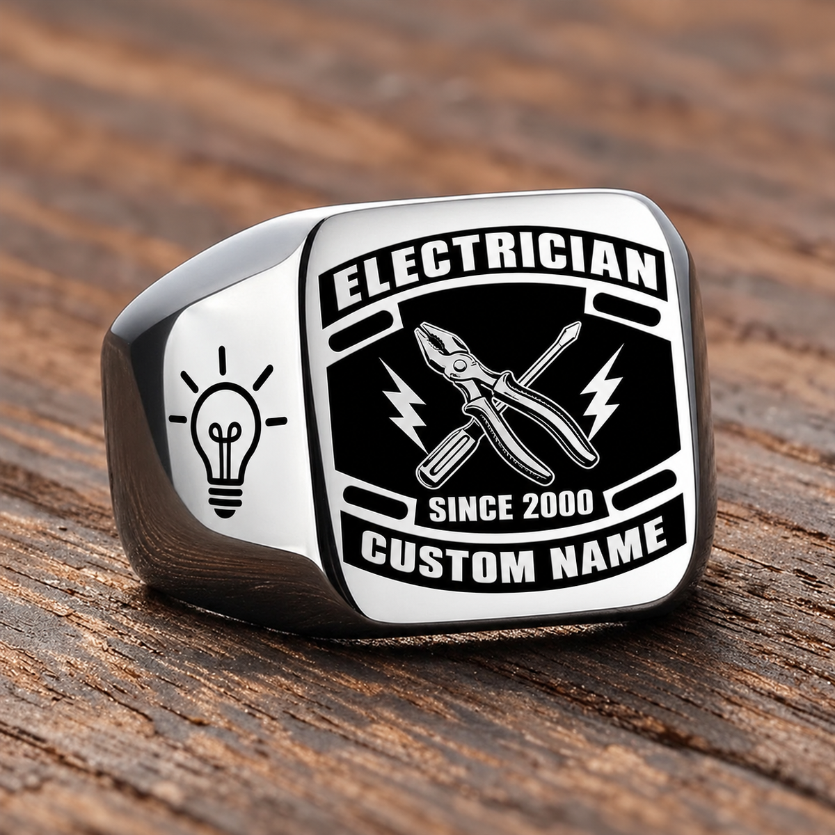 Electrician Black Face Badge ring in Silver, showing CUSTOM NAME and SINCE 2000