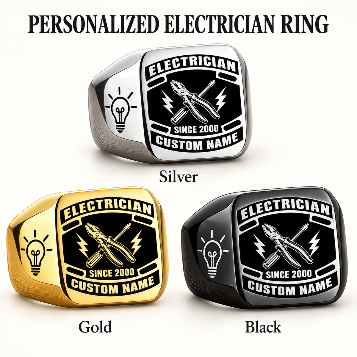 Electrician Black Face Badge personalized ring advertisement showing Silver, Gold and Black finishes with CUSTOM NAME and SINCE 2000