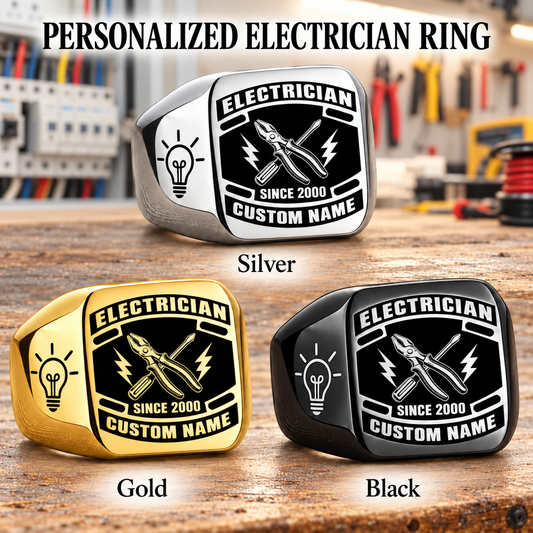 Electrician Black Face Badge personalized ring advertisement showing Silver, Gold and Black rings with CUSTOM NAME and SINCE 2000 on a electrician-themed background