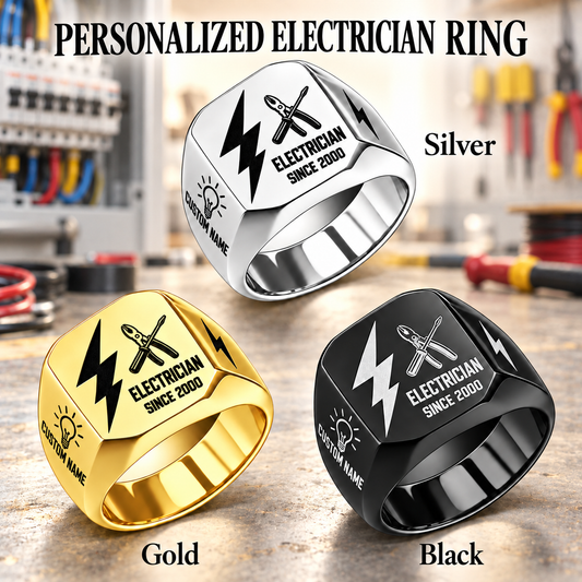 Electrician Split Emblem personalized ring advertisement showing Silver, Gold and Black rings with CUSTOM NAME and SINCE 2000 on a electrician-themed background