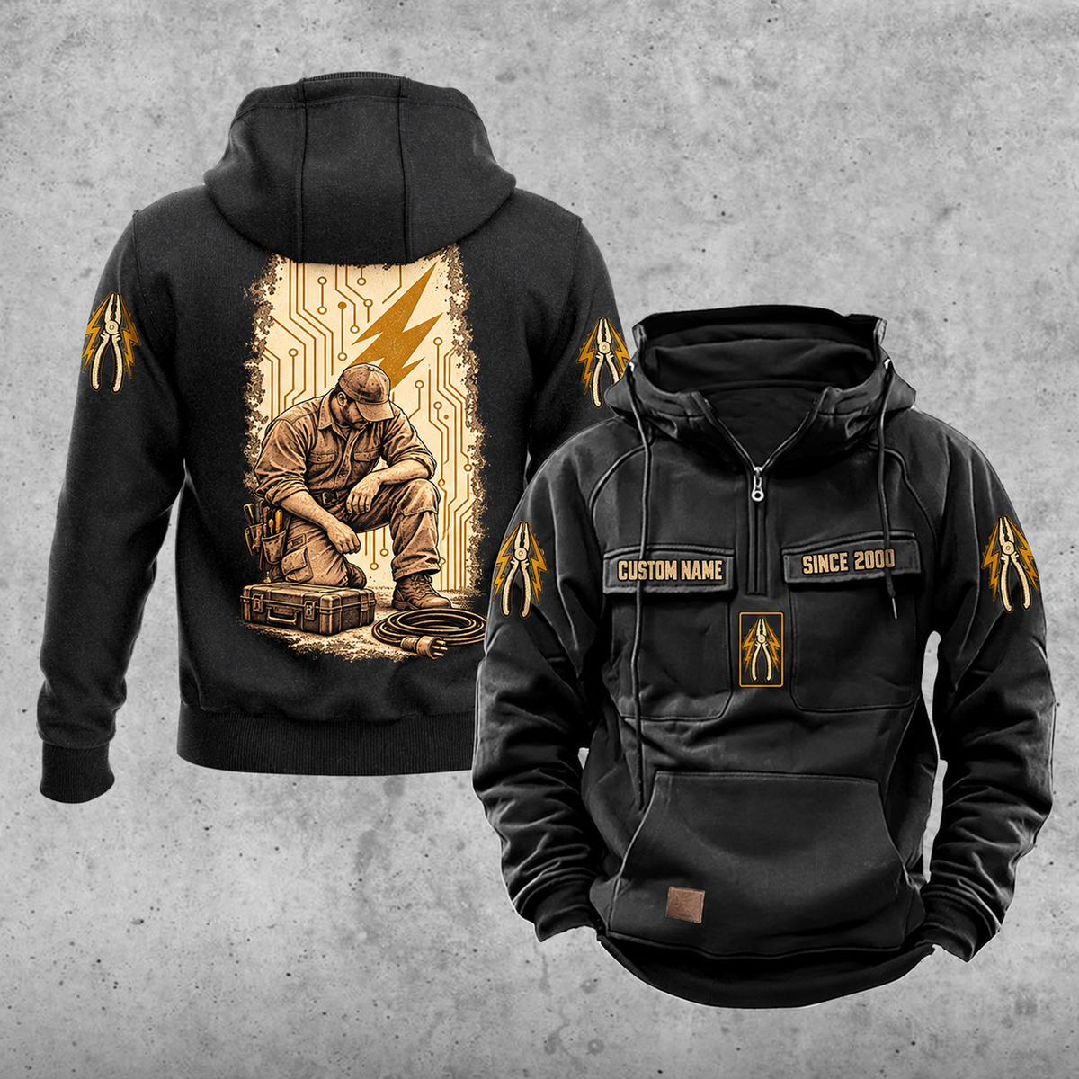 Electrician Daily Commitment Portrait Vintage Hoodie in Black, front and back views with sample text CUSTOM NAME and SINCE 2000, pliers and lightning sleeve motifs, and tall kneeling electrician back artwork.