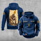Electrician Daily Commitment Portrait Vintage Hoodie in Dark Blue, front and back views with sample text CUSTOM NAME and SINCE 2000, pliers and lightning sleeve motifs, and tall kneeling electrician back artwork.