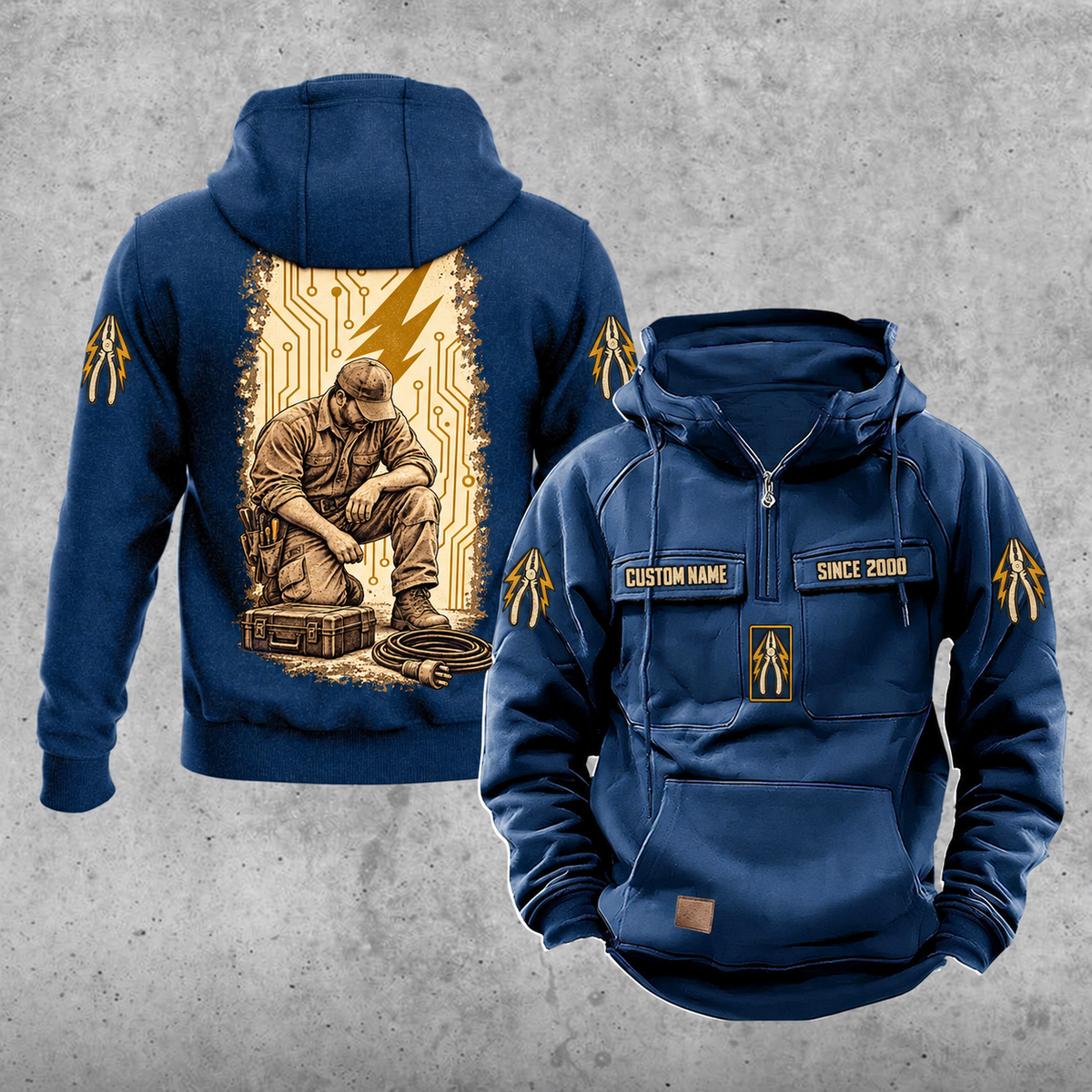 Electrician Daily Commitment Portrait Vintage Hoodie in Dark Blue, front and back views with sample text CUSTOM NAME and SINCE 2000, pliers and lightning sleeve motifs, and tall kneeling electrician back artwork.
