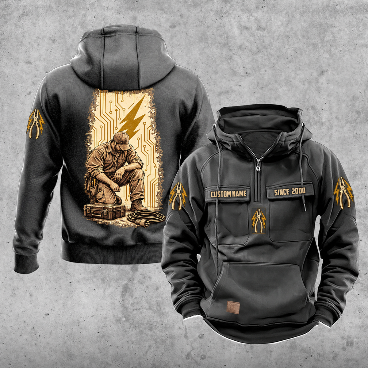Electrician Daily Commitment Portrait Vintage Hoodie in Dark Gray, front and back views with sample text CUSTOM NAME and SINCE 2000, pliers and lightning sleeve motifs, and tall kneeling electrician back artwork.