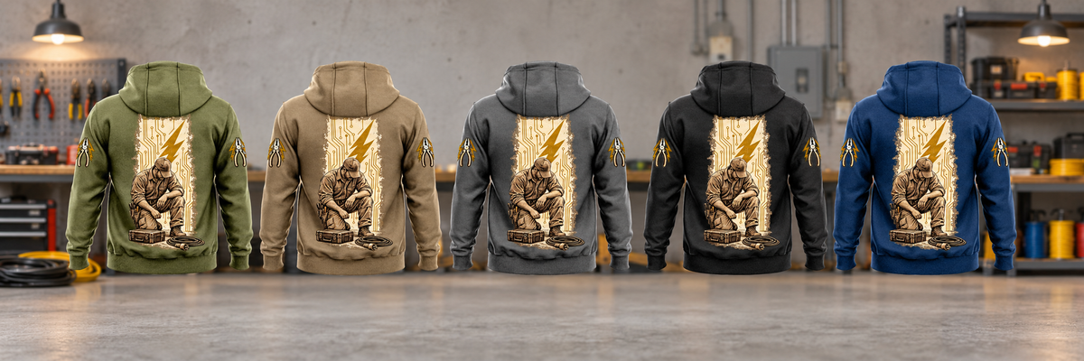 Five complete back views of Electrician Daily Commitment Portrait Vintage Hoodies in Military Green, Kaki, Dark Gray, Black and Dark Blue, arranged at an electrical workbench with tall circuit-panel portrait artwork and matching sleeve motifs.