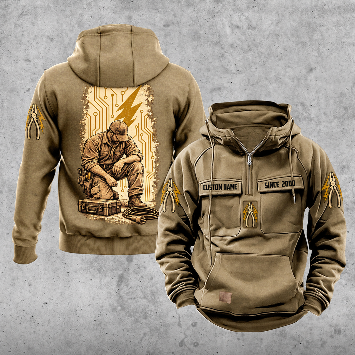 Electrician Daily Commitment Portrait Vintage Hoodie in Kaki, front and back views with sample text CUSTOM NAME and SINCE 2000, pliers and lightning sleeve motifs, and tall kneeling electrician back artwork.