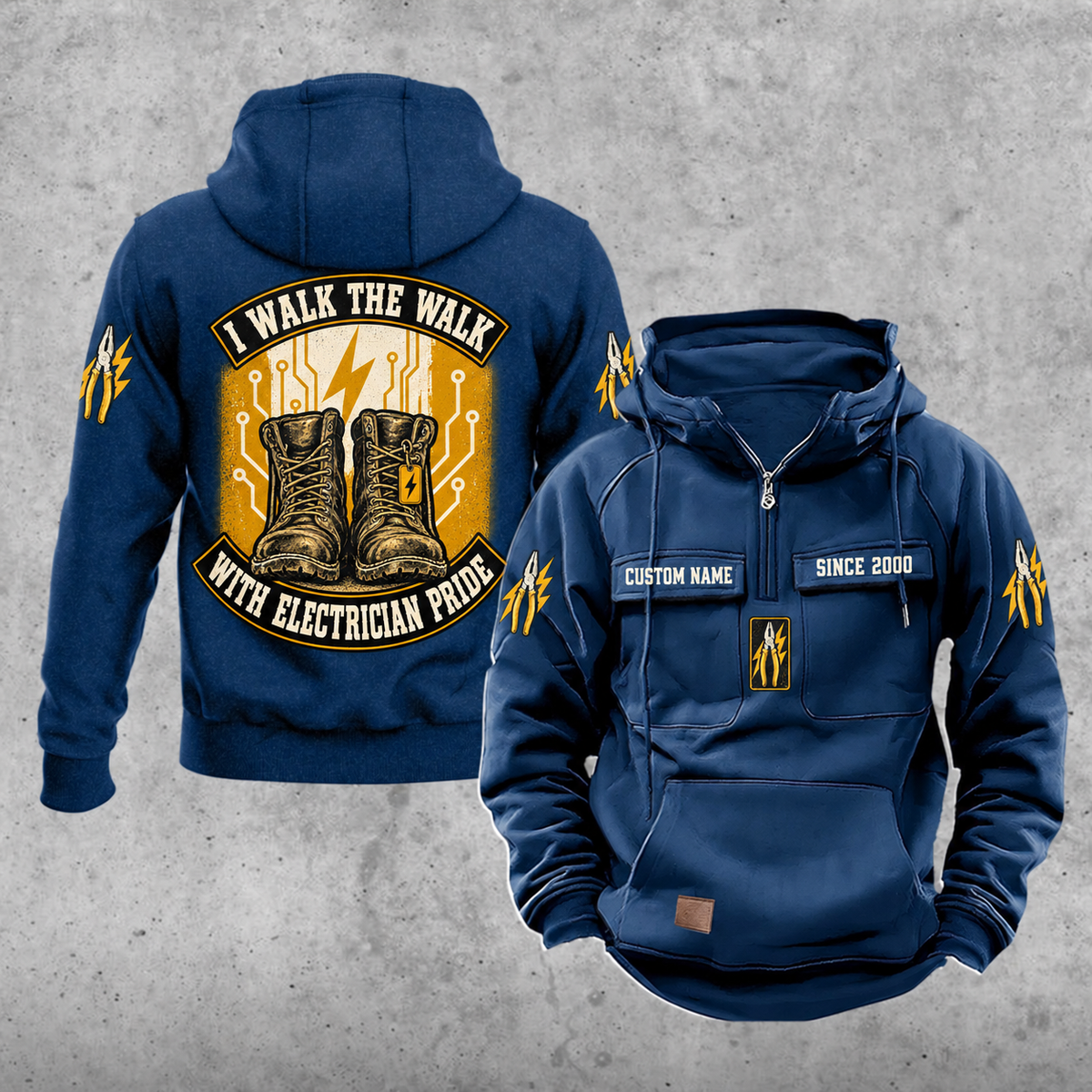 Electrician Walk the Walk Badge Vintage Hoodie in Dark Blue, front and back views with sample text CUSTOM NAME and SINCE 2000.