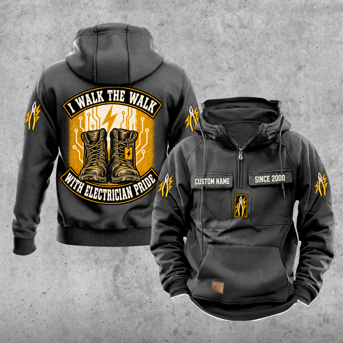Electrician Walk the Walk Badge Vintage Hoodie in Dark Gray, front and back views with sample text CUSTOM NAME and SINCE 2000.