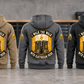 Electrician Walk the Walk Badge Vintage Hoodie in Military Green, Kaki, Dark Gray, Black and Dark Blue, five complete back views in an organized electrical workshop.