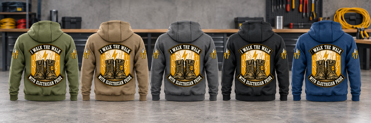 Electrician Walk the Walk Badge Vintage Hoodie in Military Green, Kaki, Dark Gray, Black and Dark Blue, five complete back views in an organized electrical workshop.