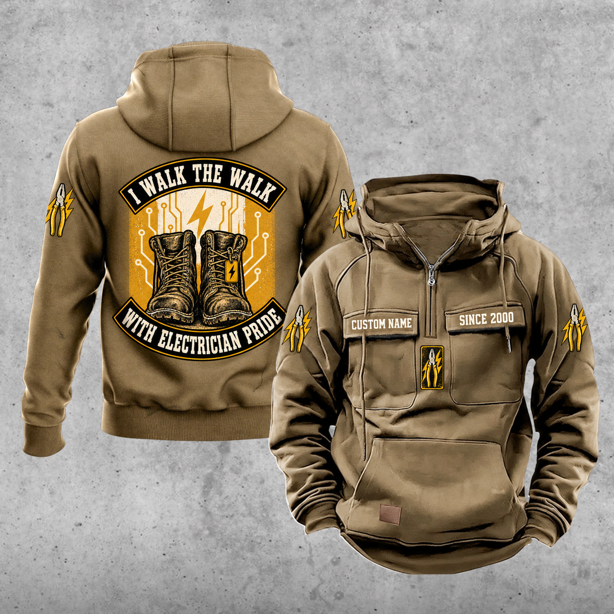 Electrician Walk the Walk Badge Vintage Hoodie in Kaki, front and back views with sample text CUSTOM NAME and SINCE 2000.