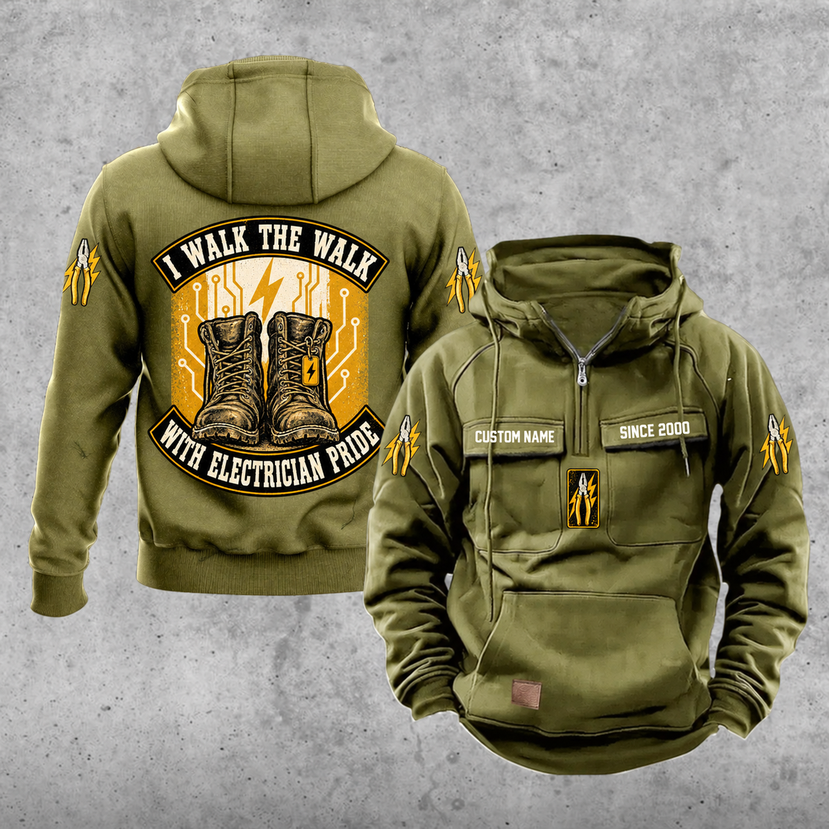 Electrician Walk the Walk Badge Vintage Hoodie in Military Green, front and back views with sample text CUSTOM NAME and SINCE 2000.