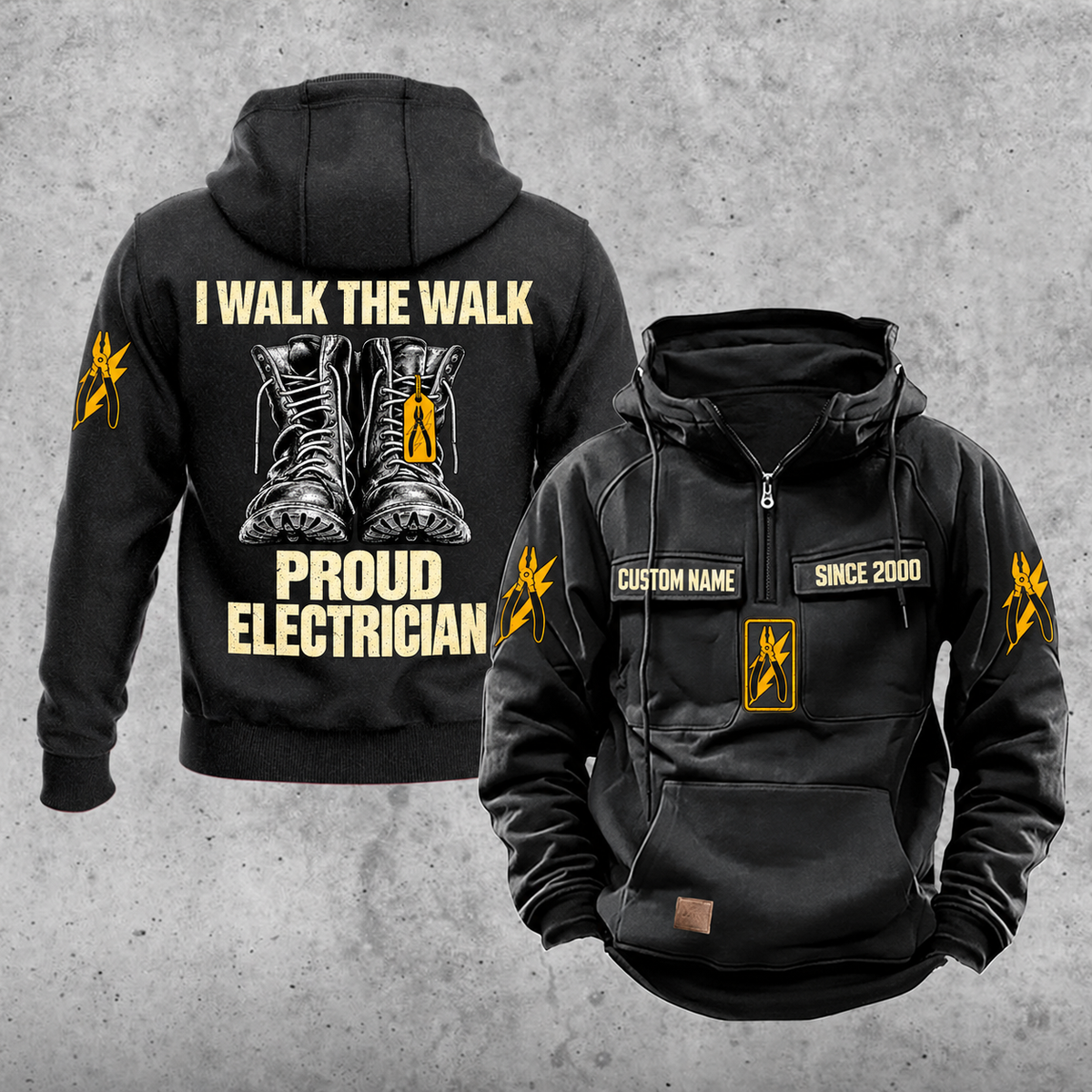 Electrician Proud Walk Vintage Hoodie in Black, front and back views with sample text CUSTOM NAME and SINCE 2000, boots pride back artwork and pliers-and-lightning sleeve icons.