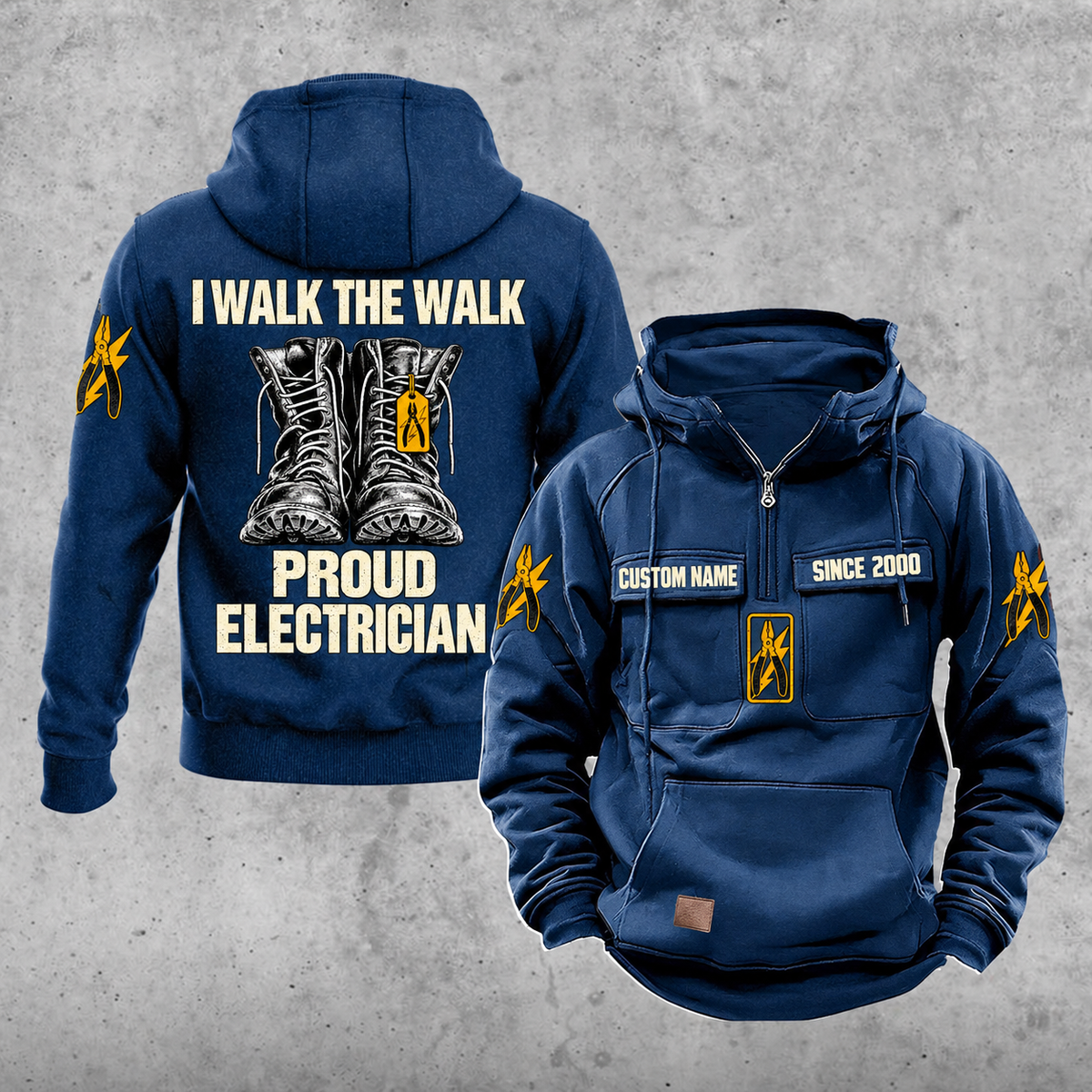 Electrician Proud Walk Vintage Hoodie in Dark Blue, front and back views with sample text CUSTOM NAME and SINCE 2000, boots pride back artwork and pliers-and-lightning sleeve icons.