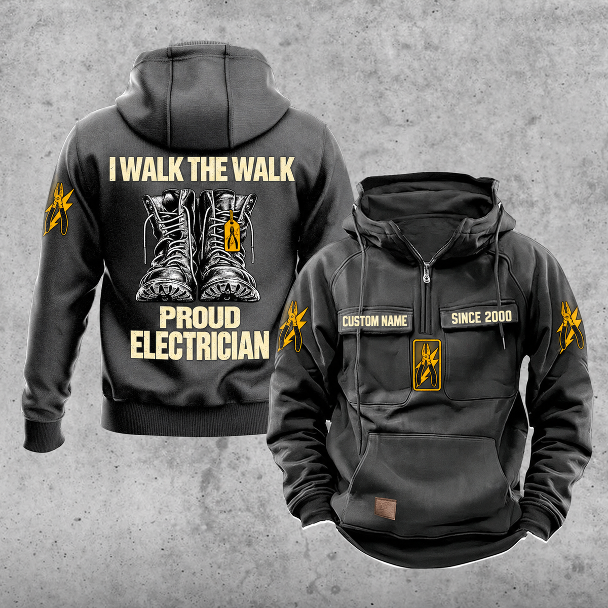 Electrician Proud Walk Vintage Hoodie in Dark Gray, front and back views with sample text CUSTOM NAME and SINCE 2000, boots pride back artwork and pliers-and-lightning sleeve icons.