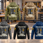 Five complete back views of the Electrician Proud Walk Vintage Hoodie in Military Green, Kaki, Dark Gray, Black and Dark Blue, arranged at an organized electrical workbench with disconnected cable and tools at rest.